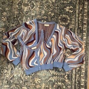 Wavy Multi-Color Knit Cardigan & Tank Set - Blue, Brown, Cream